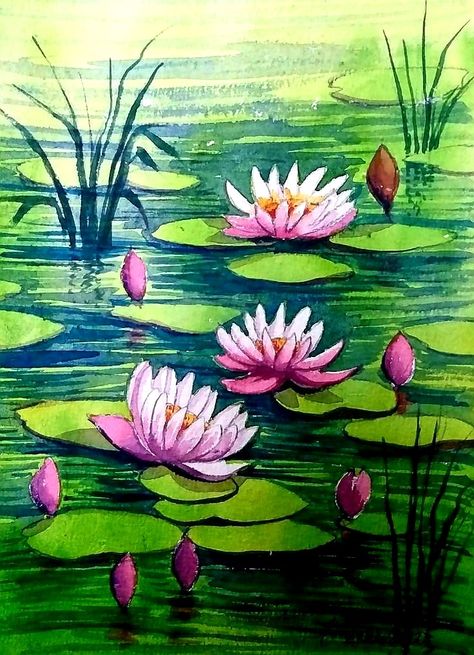 Lotus Pond Drawing, Lotus Flower Painting Acrylics, Lotus Painting Acrylic, Water Lily Drawing, Pond Drawing, Lotus Flower Painting, Lilies Drawing, Poster Color Painting, Watercolor Scenery