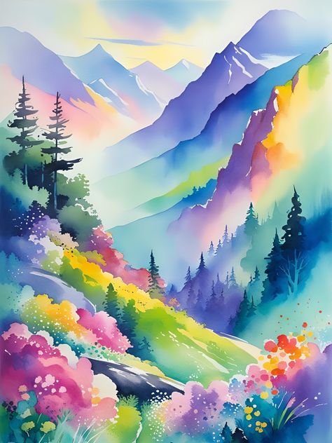 Color Harmony Art, Colourful Landscape, Colorful Landscape Paintings, Harmony Art, Watercolor Art Landscape, Practice Drawing, Colorful Mountains, Colorful Tapestry, Watercolor Tree