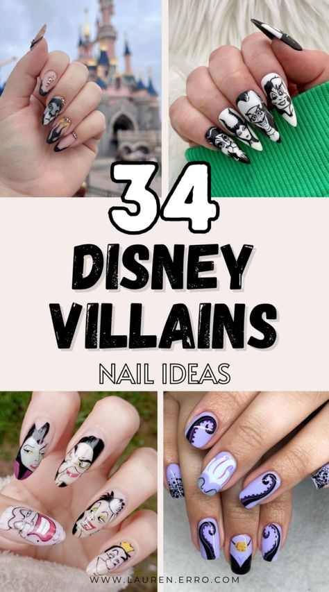 34 Disney Villains Nail Ideas - Lauren Erro Disney Evil Queen Nails, Villain Nails Disney, Disney Nails Villains, Ursula Inspired Nails, Evil Queen Nails Disney, Disney Villains Nail Designs, Villian Nails Designs, Unique Disney Nails, Hades Nails Disney