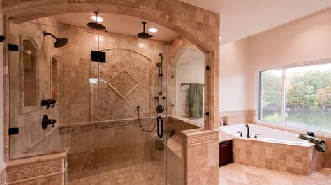 Bathing Like Royalty | Vanities, Exotic Marble, and A Panoramic View  Living in Lorton? Drop by our office at 8630A Lee Highway Fairfax, VA 22031 on weekdays business hours.  #bathroom #bathroomremodeling #bathroomremodeler #bathroomdesigner #bathroomideas #bathroomhacks #bathroomtips #bathroomdecor #northernva Roman Style Bathroom, Roman Bathroom, Roman Shower, Shower Bathroom Ideas, Roman Bath House, Spa Bathroom Design, Paris Bathroom, Service Area, Rustic Bathroom Designs