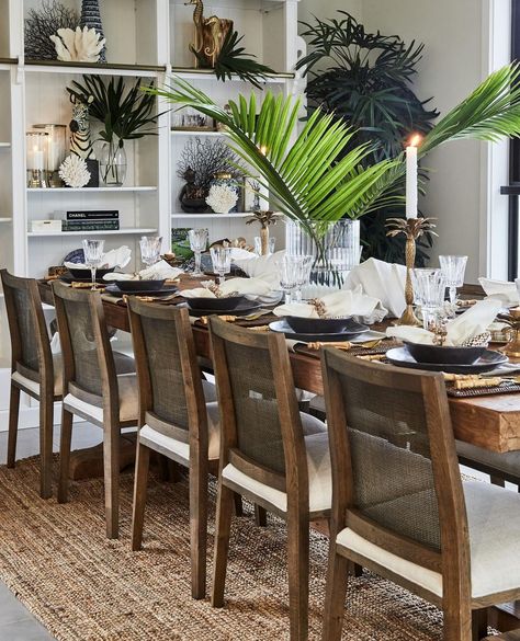 Alfresco Emporium on Instagram: “Our Calais Dining Chairs feature a stunning dark-toned oak perfect to add a dimension of depth to your dining room. Upholstered in a…” British Colonial Dining Chairs, Dining Room Tropical, Beach Sunroom, British Colonial Dining Room, British Colonial Kitchen, British Colonial Dining, Umhlanga Beach, Colonial Dining Table, Tropical Dining Room