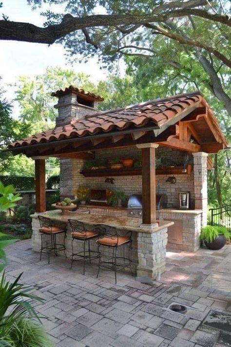 Hacienda Style Homes, Outdoor Kitchen Plans, Backyard Pavilion, Backyard Kitchen, Outdoor Kitchen Patio, Home Garden Design, Village House Design, Outdoor Decor Backyard, Backyard Patio Designs