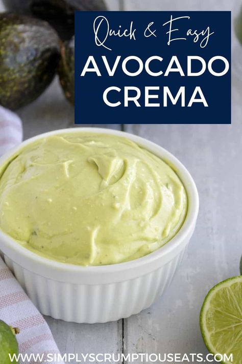 Learn how to make Avocado Crema, a tasty sauce or dressing perfect for tacos, shrimp and salmon, pasta dishes, and salads. Shrimp And Salmon Pasta, Mexican Crema Recipe, Avacado Dip, Creamy Avocado Dip, Tacos Shrimp, Avocado Dip Recipe, Crema Recipe, Mexican Crema, Avocado Crema