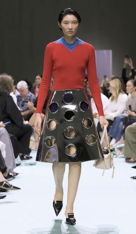 2025 Spring, Fashion Archive, Prada Spring, Ideal Wardrobe, Spring 2025, Longline Coat, Orange Skirt, Crystal Trim, Miuccia Prada