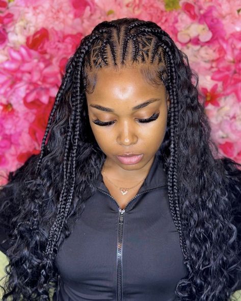 Feed In Braids And Sew In, Half Up Have Down Braids, Feed Ins Half Up Half Down, Braids With Sow In, Feedin Braids With Curly Hair Sew In, Half Canerow Half Weave, Tribe Braids With Curls, Braided And Weave Hairstyles, Half Braided Sew In