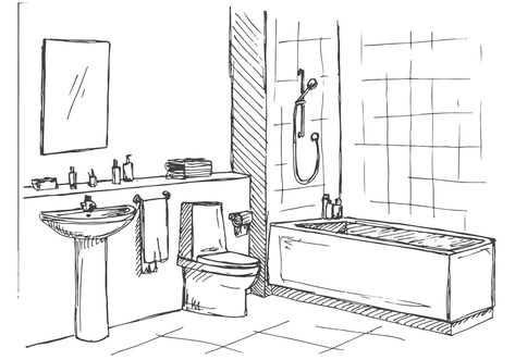 Bathroom amenities in French Diagram | Quizlet Small Bathroom Drawing, Bathroom Perspective Drawing Interior Design, Bathroom Sketch Perspective, How To Draw Bathroom, Bathroom Sketch Drawing, Bathroom Perspective Drawing, Bathroom Design Drawing, Bathroom Perspective, Bathroom Drawings