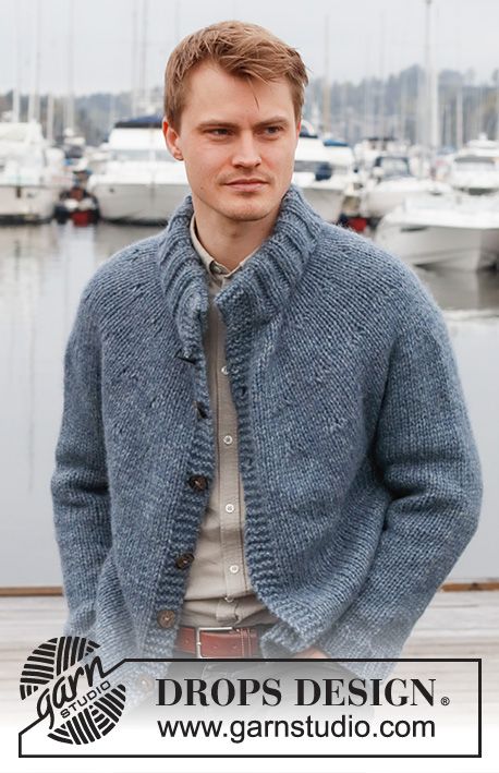 Sailor Blues - Knitted jacket for men in DROPS Wish. The piece is worked top down, with round yoke and double neck. Sizes S - XXXL. Free knitting pattern DROPS 224-8 Mens Knitted Cardigan, Cable Knit Sweater Pattern, Mens Knit Sweater, Loose Coats, Cardigan Pattern, Sweater Knitting Patterns, Work Tops, Free Knitting Pattern, Men's Knit