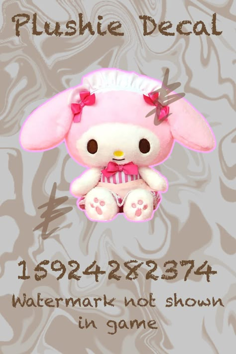 Bloxburg Plushie Decal! Let me know if the code does not work properly. Bloxburg Kawaii Room, Bloxburg Kawaii Decal Codes, My Melody Bloxburg Codes, My Melody Decals Bloxburg, Kawaii Bloxburg Decals, Bloxburg Plushie Decals, Sanrio Decals Bloxburg, Bloxburg Kawaii, Cutecore Bloxburg