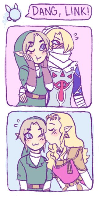 The Legend of Zelda: Ocarina of Time and The Legend of Zelda: Twilight Princess | Adult Link, Sheik, Link, and Princess Zelda / "COMIC about how link has both a cute gf and a cute bf" - Mobisu on Tumblr Sheik And Link, Link And Sheik, Sheik Zelda, Zelda Sheik, Legend Of Zelda Sheik, Link Cute, Cute Bf, Link And Zelda, Hyrule Castle