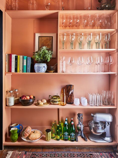 EJ and Whit Brown's Alabama Cabin Pantry Peach Paint Colors, Dark Brown Walls, Round Wooden Coffee Table, Peach Kitchen, Peach Paint, Cabin Renovation, Ceiling Shelves, Brown Walls, Modern Cabin