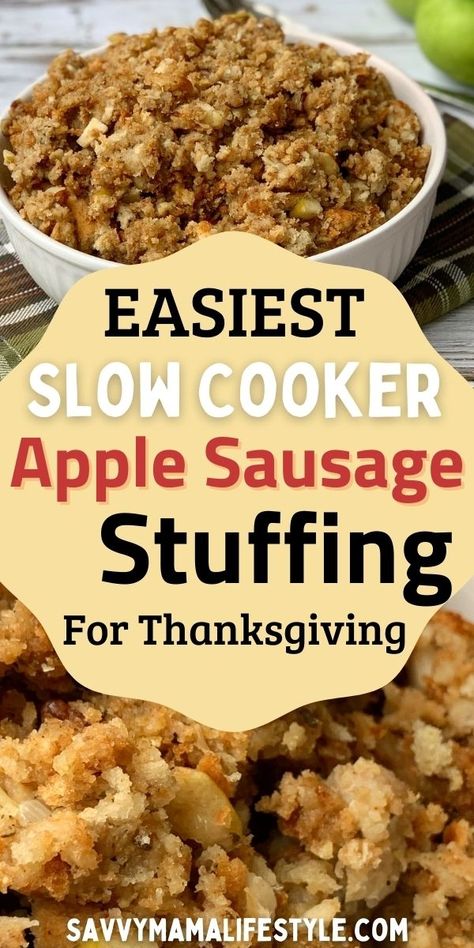 Made with diced tart apple, chopped pecans and sausage crumble, this Slow Cooker Apple Sausage Stuffing recipe is EASY! It won't take up room in your oven - just prep and forget about it. #ThanksgivingStuffing #StuffingRecipe #SausageStuffingRecipe #ThanksgivingSideDish Crock Pot Sausage Stuffing Thanksgiving, Best Crockpot Sausage Stuffing, Sausage Apple Stuffing Crockpot, Stuffing Apples And Sausage, Apple Sausage Stuffing Crockpot, Crockpot Sausage Stuffing Thanksgiving, Slow Cooker Stuffing Recipes, Apple And Sausage Stuffing, Apple Sausage Stuffing Recipes