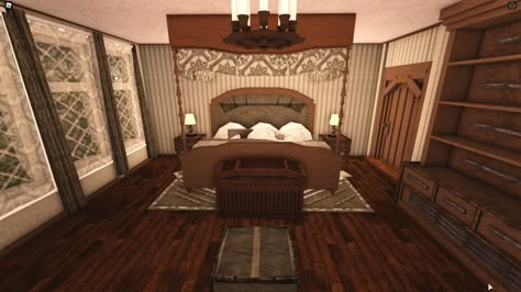 Roblox Bloxburg Gothic House, Bloxburg Haunted House Interior, Bloxburg Gothic House Interior, Bloxburg Bedroom Vintage, Bloxburg Room Ideas Vintage, Brown Bloxburg House, Bloxburg Cottage Bedroom, Victorian Bedroom Bloxburg, Bloxburg Victorian Kitchen