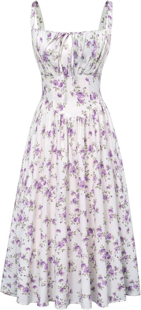 Scarlet Darkness Floral Printed Corset Dress Ruched Bust Cami Dress Flowy Sundress Printed Corset, Flowy Sundress, Floral Corset, Purple Prom Dress, Dress Flowy, Stage Performance, Midi Dress Summer, Spring Outfits Women, Dress Purple