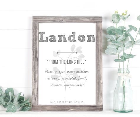 This is a printable name sign for the name meaning Landon. It is an instant download. Jacob Name Meaning, Leo Meaning, Baby Name Meaning, Boys Names, Baby Names And Meanings, Baby Name Signs, Name Meaning, Nursery Signs, Baby Boy Names