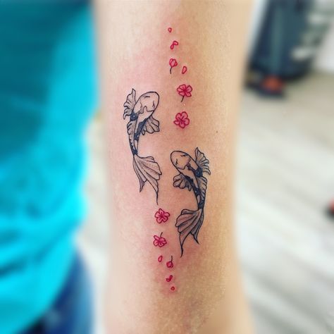 Koi Fish Tattoo Cherry Blossoms, Small Tattoos Koi Fish, Cool Koi Fish Tattoos, Creative Koi Fish Tattoo, Coi Fish With Cherry Blossom Tattoo, Tattoo Ideas Coy Fish, Koo Fish Tattoos, Kou Fish Tattoo, Cute Koi Fish Tattoo