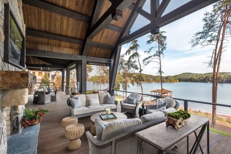 Inside Farmhouse, Lake House Backyard, Lake Keowee South Carolina, Lake House Deck, Screened Deck, Cabin Makeover, Small Lake Houses, Houses Inside, Rustic Lake Houses