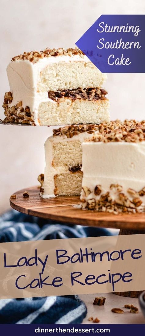 Lady Baltimore Cake is a beautiful classic cake recipe with light white cake layers, chewy nutty fruit filling, and fluffy vanilla frosting. Fluffy Vanilla Frosting, Lady Baltimore Cake, Lane Cake, Southern Cake, Dessert Cookbooks, Layer Cake Recipes, Pot Roast Slow Cooker, Cake Layers, Vanilla Cake Recipe