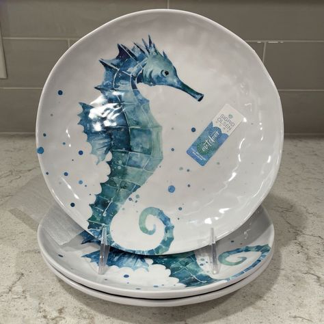 Set Of 3 Sigrid Olsen Seahorse Coastal Melamine 9" Salad/Side Plate. Bright Vivid Shades Of Blue And Green On Durable Melamine. Top Rack Dishwasher Safe. We Have 2 Sets Of 4 Also Available At The Time Of This Listing (Separately), Pack With Care And Ship Fast. Cross-Listed. Pottery Painting Sea, Ceramic Fish Plate, Outdoor Plates, Fish Plates, Coastal Kitchen Decor, Rustic Plates, Coastal House, Melamine Dinner Plates, Seashell Painting