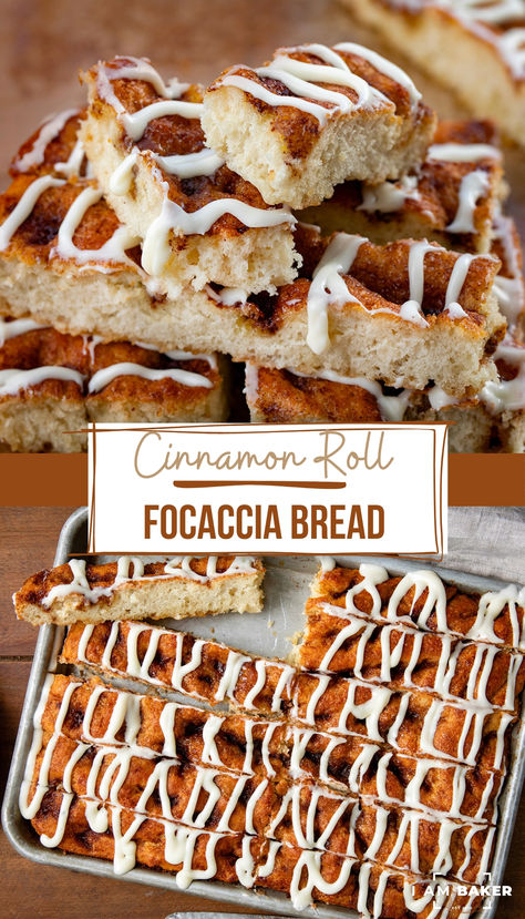 Cinnamon Roll Focaccia is a delicious twist on the classic Italian bread made with cinnamon and brown sugar and topped with a cream cheese frosting. Enjoy it in the morning with a hot cup of coffee. Or, serve it as dessert to impress your friends and family! Try this for 4th of July morning! Focaccia Bread Breakfast, Artisan Cinnamon Bread, Foccacia Cinnamon Bread Recipes, Sweet Artisan Bread Recipes, Sticky Bun Focaccia, Baking To Impress, Recipes With Focaccia Bread, Foccacia Bread Dessert, Cinnamon Rolls Focaccia