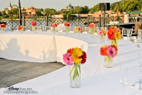 Daisy Wedding Decorations, Gerbera Wedding, Gerbera Daisy Wedding, Daisy Centerpieces, Sunflower Wedding Decorations, 50th Bday, Disney Weddings, Daisy Wedding, Disney Fairy Tale Weddings