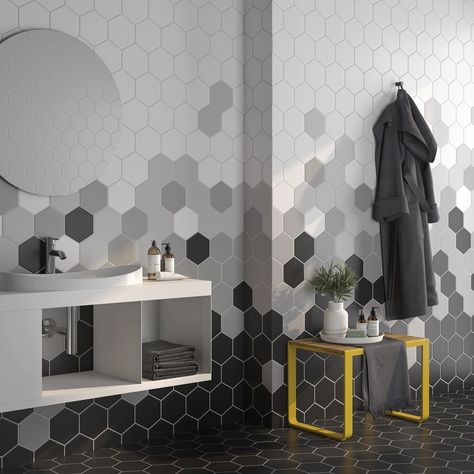 Contemporary and trendy colors in a variety of geometric shapes. Tile Layout Patterns, Hexagon Wall Tiles, Kitchen Wall Tiles Design, Hexagon Tile Bathroom, Octagon Tile, Grey Interiors, Tiles Designs, Matte Porcelain Tile, Tile Layout