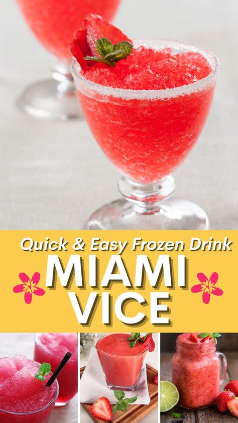 If you’re looking for maximum taste and flavor, you can’t go wrong with a Miami Vice. The drink combines two popular cocktails, the Strawberry Daiquiri and the Piña Colada, into one deliciously refreshing beverage. Aside from rum, the main ingredients are lime juice, fresh strawberries, pineapple juice, and cream of coconut, so you’re in for a very fruity treat. Miami Vice Recipe, Miami Vice Drink Recipe, Miami Vice Drink, Dark Rum Cocktails, Cocktails Made With Rum, Bartending Tips, Cream Of Coconut, Tropical Adventure, Frozen Drink