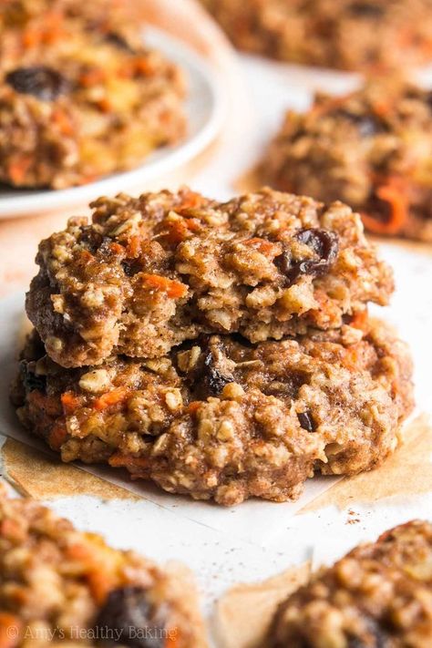 Loaded Carrot Cake Oatmeal Cookies | Amy's Healthy Baking | Bloglovin’ Carrot Cake Oatmeal Cookies, Clean Granola, Sweet Deserts, Cake Treats, Clean Desserts, Breakfast Cookie, Healthier Sweets, Carrot Cookies, Carrot Cake Oatmeal