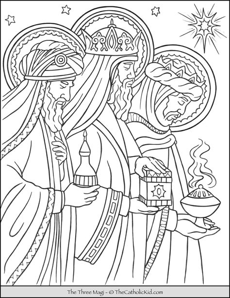 Three Magi Wise Men Coloring Page - TheCatholicKid.com Wise Men Coloring Page, Three Magi, Nativity Coloring Pages, Roi Mage, Bible Coloring Pages, The Nativity, Three Wise Men, Bible Coloring, Bible Crafts