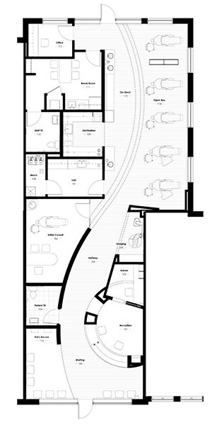 Clinic Plan Architecture, Office Plans Layout, Dental Clinic Plan Layout, Curved Floor Plan, Dental Clinic Floor Plan, Office Plan Design, Dental Clinic Plan, Clinic Floor Plan, Plan Layout Design