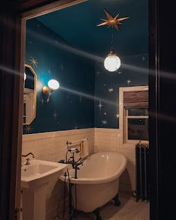 Whimsigothic Bathroom Ideas, Space Bathroom Theme, Night Sky Bathroom Ideas, Astronomy Bathroom, Astrology Bathroom Decor, Star Themed Bathroom, Starry Bathroom, Celestial Restroom, Edgy Bathroom