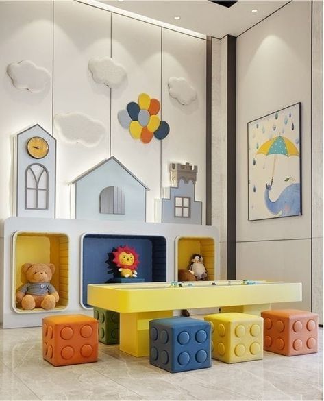 Lego Inspired Furniture, Kids Clinic Interior Design, Pediatric Waiting Room, Small Kids Playrooms, Kids Rooms Shared, Indoor Playroom, Kindergarten Interior, Classroom Interior, Daycare Design