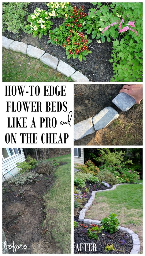 The Perfect Border for your Beds: Defining a gardens edge with inexpensive stone that fit any shape or size garden bed.  Details @ www.jennaburger.com Rock Border, Flower Bed Edging, Stones Garden, Landscape Edging, Lawn Edging, Garden Edging, Outdoor Decorations, Garden Borders, Garden Stuff