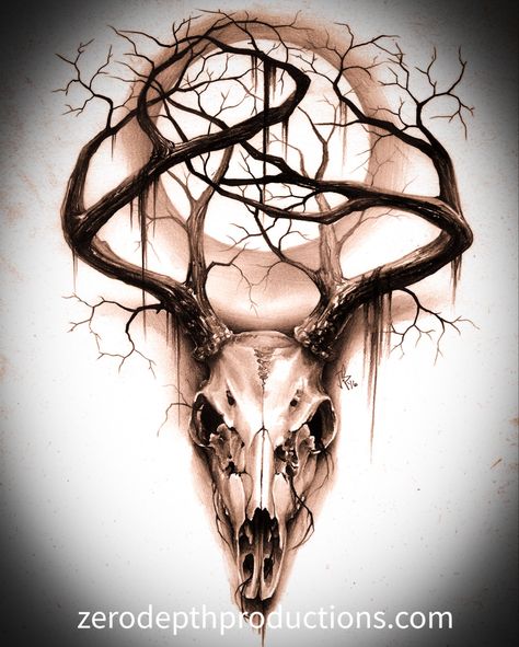 Night moon deer buck skull hunting hunter nature tree brances creepy horror full moom design art tattoo idea by Jackie Rabbit Decaying Deer Tattoo, Hunting Tattoo Stencil, Deer Skull Hand Tattoo, Mule Deer Skull Tattoo, Buck Deer Tattoo, Deer Skull Back Tattoo, Stag Chest Tattoo, Animal Skull Hand Tattoo, Cailleach Tattoo