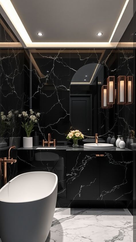 Moody Elegance: Black Marble Accents for a Luxurious Bathroom - Transform your space with stunning black bathroom decor! Discover 20+ chic ideas to elevate your bathroom's style. From bold black tiles to elegant fixtures, create a modern and sophisticated look. Unleash your creativity with these inspiring designs and make your bathroom a stylish sanctuary. Explore the latest trends in black bathroom decor today! #BlackBathroomDecor Black Bathroom Decor Ideas, Black Bathroom Decor, Black Tiles, Bathroom Decor Ideas, Bathroom Style, Black Bathroom, Black Accents, Bold Black, Black Marble