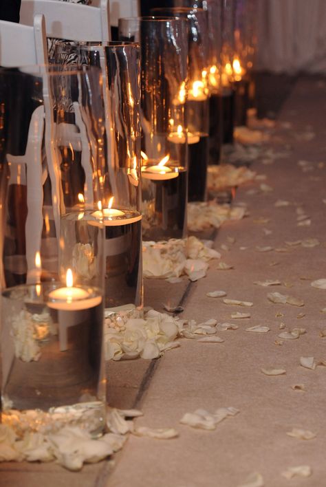 Elegant Candle and Flower Petal Aisle Decorations Wedding Aisle Decorations Candles, Candle Lit Wedding Aisle, Candle Aisle Decor, Wedding Aisle Candles, Candle And Flower, Candle Lanterns Wedding, Petal Aisle, Rose Petal Aisle, Aisle Candles