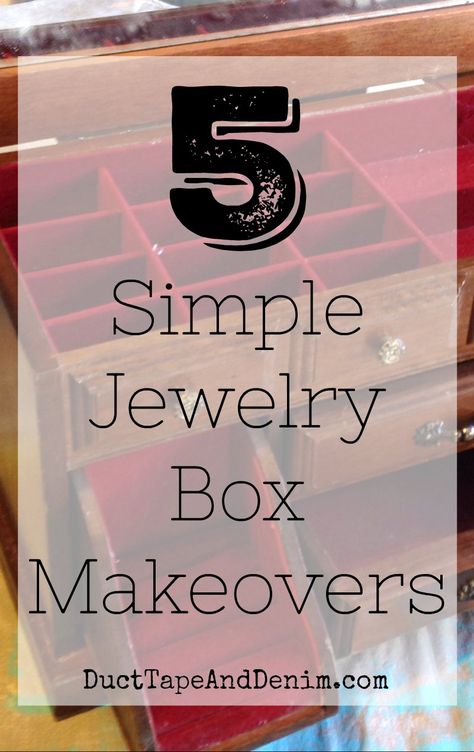 5 simple jewelry box makeovers on DuctTapeAndDenim.com  #jewelrybox #jewelryboxes #jewelryboxmakeover #jewelryboxmakeovers #thriftstorefinds #thriftstoremakeovers #DIY #upcycled #recycled #repurpose Simple Jewelry Box, Upcycle Jewelry Box, Wood Jewelry Diy, Armoire Makeover, Box Makeover, Jewelry Box Makeover, Vintage Jewelry Diy, Jewerly Boxes, Jewelry Box Diy