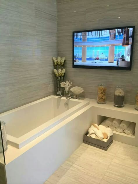 Jacuzzi Tub Bathroom Ideas, Tv Over Bathtub, Tv By Bathtub, Bathroom Tv, Two Person Jacuzzi Tub Bathroom, Jacuzzi Tub Bathroom With Steps, Jacuzzi Tub Bathroom Aesthetic, Tub Bathroom Ideas, Bathtub With Jets Jacuzzi Tub