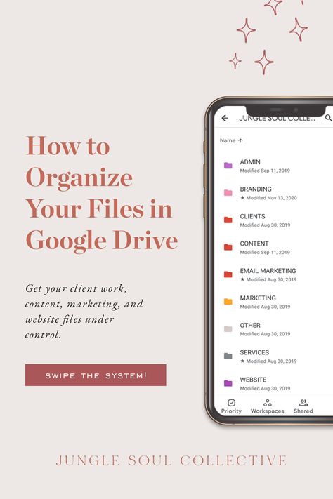 Spend less time searching for files and work more effectively, so you have more time for life outside the computer screen. Digital file organization is a basic business system your online service business needs. Get your content, marketing, and client files organized in Google Drive. #businesstips #businesssystems #businesstool #junglesoulcollective #servicebusiness File Organization System, Google Drive Organization, Digital File Organization, Organize Business, Digital Filing System, Organize Your Business, File Folder Organization, Office Organization At Work, Planner Writing