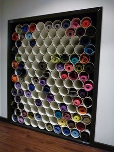 storage idea, large PVC pipes for shelf dividers Fitness Equipment Storage, Wall Yoga, Yoga Shala, Yoga Mat Storage, Studio Pilates, Yoga Studio Design, Gym Interior, Pvc Pipes, Yoga Space