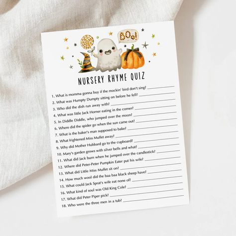 Nursery Rhyme Quiz | Halloween Baby Shower Game Printable Nursery Rhyme Game, Nursery Rhyme Quiz, Shower Activities, Nursery Rhymes Games, Baby Shower Activities, Halloween Baby, Nursery Rhyme, Printable Baby Shower Games, Baby Shower Game