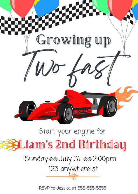 Growing Up 2 Fast Birthday Invitation, Growing Up 2 Fast Birthday Theme, Growing Up Two Fast Birthday, Two Fast Birthday Invitation, Growing Up Two Fast, Two Fast Birthday, 2nd Birthday Party For Boys, Cars Birthday Cake, Cars Birthday Invitations