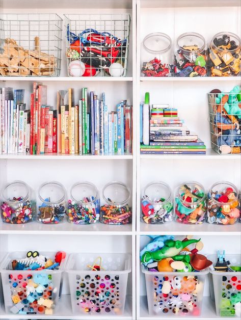 Toys On Bookcase, Tidy Playroom Ideas, Closet Shelves For Toys, Havsta Toy Storage, Boys Toys Organization, Playroom Clean Out, Ikea Toy Shelves, Toy Drawer Organization, Clear Playroom Storage