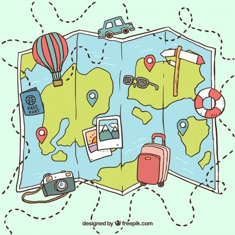 Travel Map Illustration, Travel Elements, Map Illustration, Hand Drawn Map, Drawn Map, Travel Drawing, Illustrated Map, Map Vector, Travel Maps