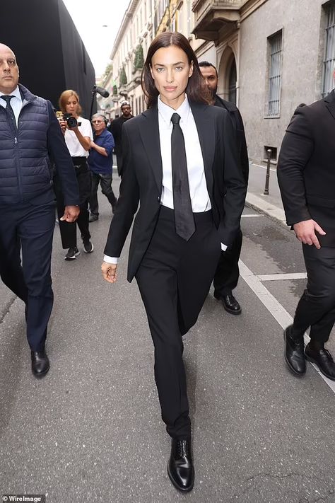 Irina Shayk joins Cate Blanchett and Alessandra Ambrosio at the Georgio Armani show | Daily Mail Online Gender Neutral Suits, Shirt And Tie Women, Girl Tux, Tie Women Outfit, Shirt And Tie Outfits, Women Suit And Tie, Women With Ties, Outfit With Tie, Women In Ties