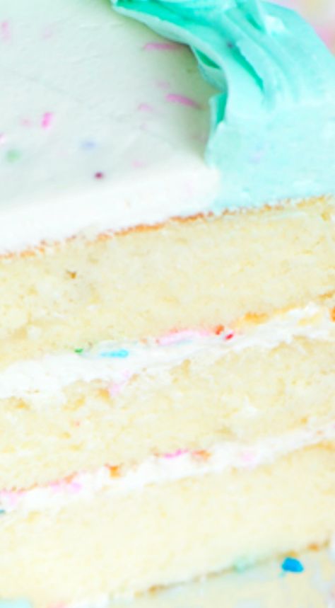 Best Buttermilk Birthday Cake ~ 3 layers of super-moist, vanilla buttermilk cake filled with fluffy white frosting and sprinkles. Birthday Cake 3 Layers, Vanilla Birthday Cake Recipe, Fluffy White Frosting, Moist Vanilla Cake, Vanilla Birthday Cake, Buttermilk Cake, White Cake Recipe, White Cakes, White Frosting