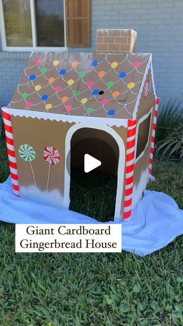 Gingerbread House Stage Prop, Building A Gingerbread House, Christmas Play House Diy, Cardboard Crafts For Christmas, Diy Cardboard Gingerbread House For Kids, Wooden Gingerbread House Ideas, Cardboard Box Fort Ideas, Large Gingerbread House Cardboard, Giant Cardboard Gingerbread House