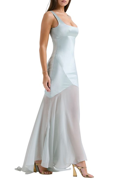 Bring sultry elegance to your next special event in this romantic gown that's made in panels of lustrous satin with sculptural seams that enhance your figure. The asymmetric skirt is made from floaty, sheer chiffon that flows into a dramatic sweeping train. Exclusive retailer Hidden back-zip closure Square neck Sleeveless Lined 75% acetate, 25% polyester with 100% polyester contrast Dry clean Imported Long White Dresses Formal, Square Neck A Line Dress, Arcina Ori Dress, Formal Garden Party Dress, Dream Wardrobe Clothing, Beach Chic Outfit Wedding Guest, Light Blue Satin Prom Dress, Ocean Dresses, Senior Dresses