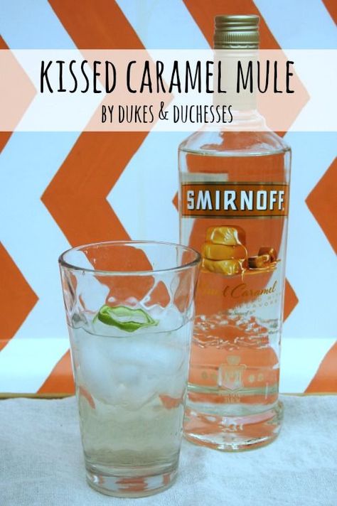 Kissed Caramel Mule- In a glass over ice, mix 1.5 ounces Smirnoff Kissed Caramel Flavored Vodka, 1.5 ounces ginger ale, 1.5 ounces club soda, a squeeze of lime, and a dash of bitters. Carmel Vodka Drinks, Drinks With Caramel Vodka, Carmel Vodka, Flavored Vodka Drinks, Smirnoff Recipes, Salted Caramel Vodka, Vodka Mixed Drinks, Vodka Recipes Drinks, Caramel Vodka