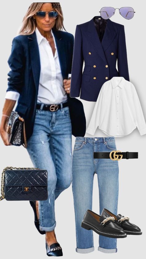 #myfirstshuffle Blue Jean Blazer Outfits For Women, Outfits With Turquoise Jewelry, Peacoat Outfit, Chick Outfit, Blazer Outfits Casual, Jacket Outfit Women, Best Winter Outfits, Blazer Outfit, Summer Work Outfits