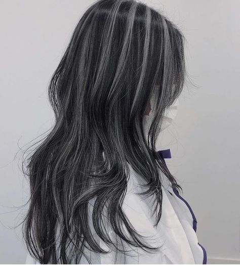 Black Hair With Thick Highlights, Black And White Balayage Hair, Grey Hilites On Dark Hair, Low Lights For Dark Hair Black, Black Hair And White Highlights, Dark Brown Ashy Highlights, Dyed Hair Inspo For Black Hair, Silver Skunk Stripe Hair, Straight Hair Dye Ideas